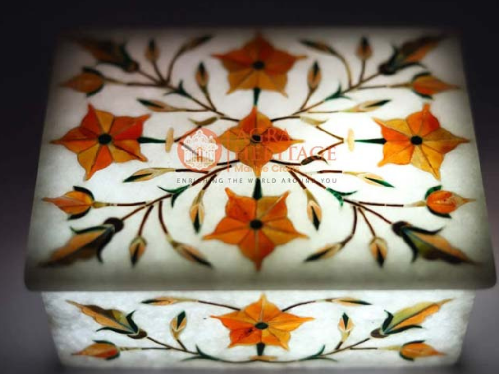 Marble Jewelry Box Carnelian Marquetry Floral Interior